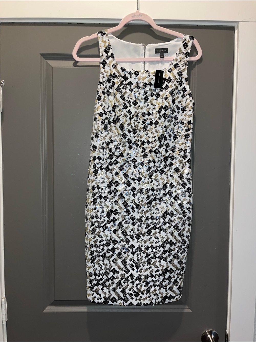 The Limited White Sequin Midi Dress with Black & Gold Accents